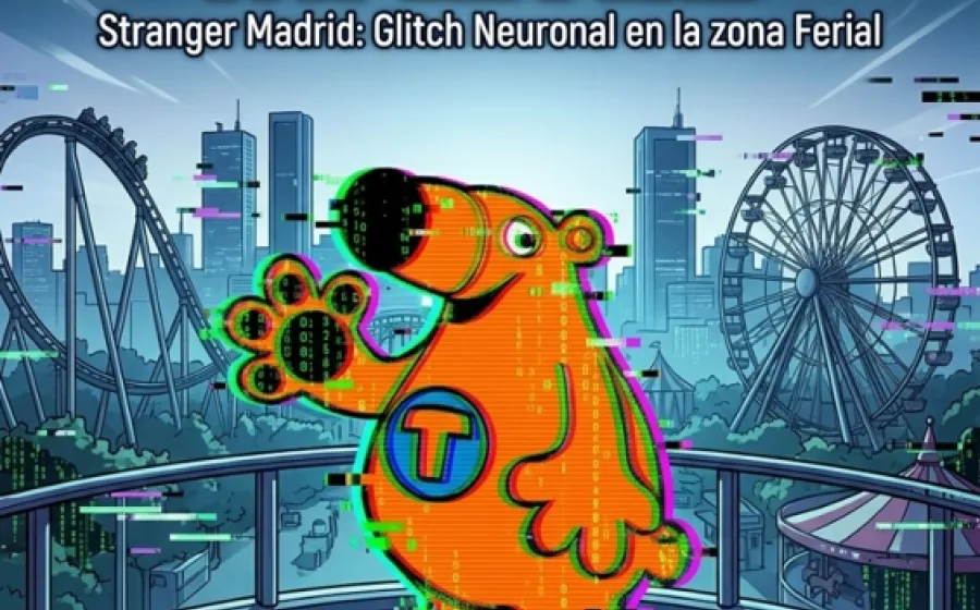 Ilustración de una mascota parecida a un oso hormiguero, con la ciudad de Madrid de fondo