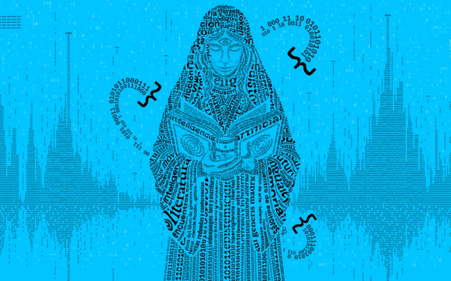 Ilustración de una jóven vestida con una capa leyendo un libro sobre fondo azul