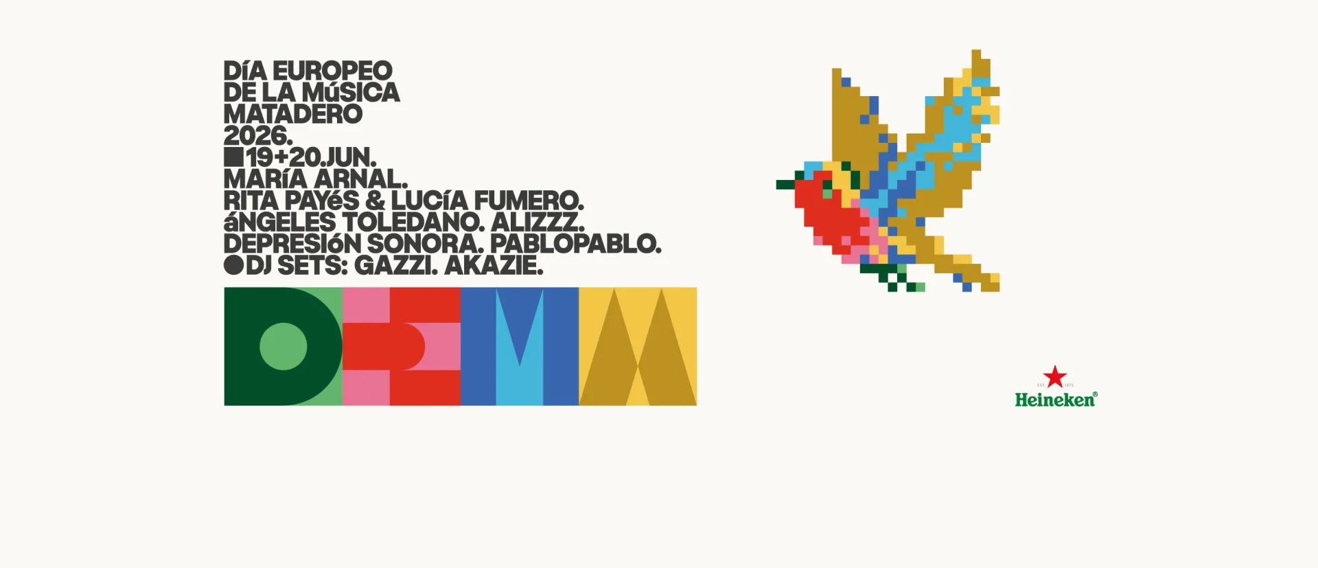 Cartel DEMM26 con ilustración pajarito pixelado