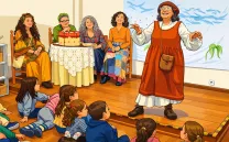 Ilustración de una cuentacuentos actuando frente a un grupo de niños