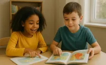 Niña y niño leyendo algo divertido
