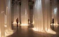 Personas recorren un paisaje de cortinas iluminadas