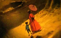 Ilustración de una mujer con parasol dando la mano a un niño