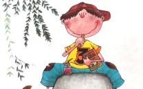 Ilustración de un chico sentado sobre una roca con un cuaderno y un lápiz en las manos