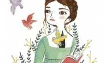 Ilustración de mujer en el bosque rodeada de pájaros