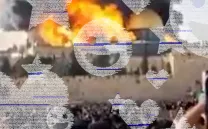 Imágenes creadas con líneas de texto y códigos sobre fondo fotográfico