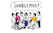 ilustración de grupo de personas reunidas de pie, con una persona en silla de ruedas en primer término