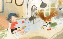 Ilustración de una niña y un niño jugando en el suelo de una casa