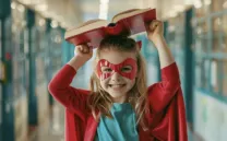 una niña vestida de superhéroe sujeta un libro en la cabeza mientras se ríe