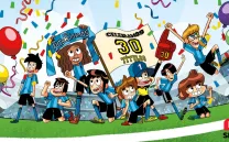 Ilustración de unos chicos y chicas de un equipo de fútbol celebrando