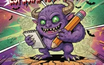 iLUSTRACIÓN DE UN MONSTRUO DE COLOR MORADO CON CUERNOS QUE porta un lápiz y un papel