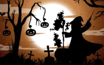 Ilustración con sombras de un árbol del que cuelgan calabazas, lápidas en forma de cruz y un hechicero de espaldas