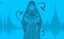 Ilustración de una jóven vestida con una capa leyendo un libro sobre fondo azul